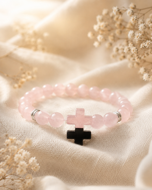 Bracelet en perles de Quartz Rose naturel avec pendentif croix
