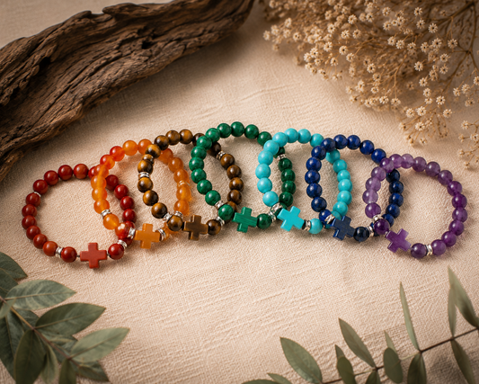 Bracelets colorés en pierres naturelles pour illustrer les 7 chakras