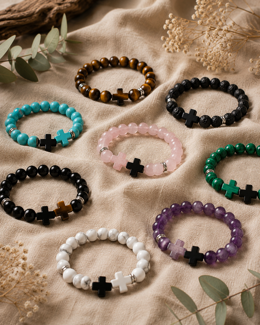 Bracelets en pierres naturelles et objets de lithothérapie sur lin, guide pour débutants