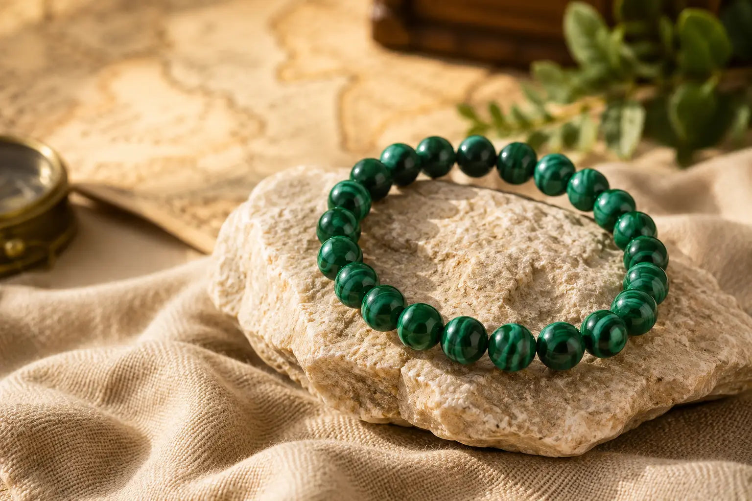 Bracelet en perles de Malachite verte aux bandes naturelles