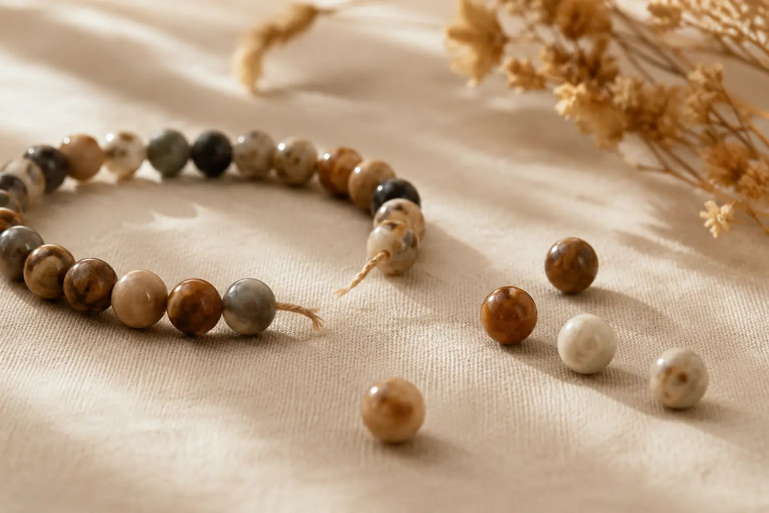 Bracelet en pierres naturelles au fil cassé avec perles éparses, signification en lithothérapie