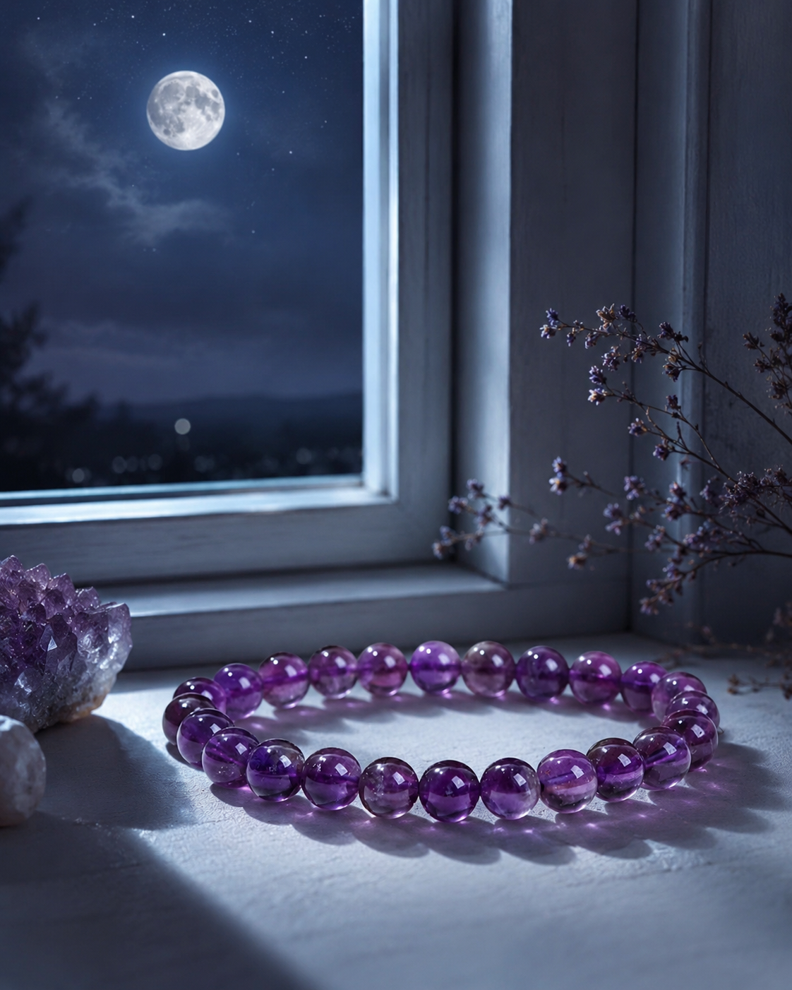 Bracelet en Améthyste exposé à la lumière, illustration de la décoloration au soleil