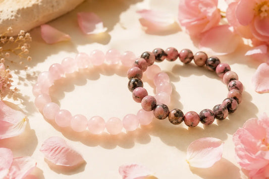 Bracelets en Quartz Rose et Rhodonite associés à la symbolique de l’amour et des rencontres