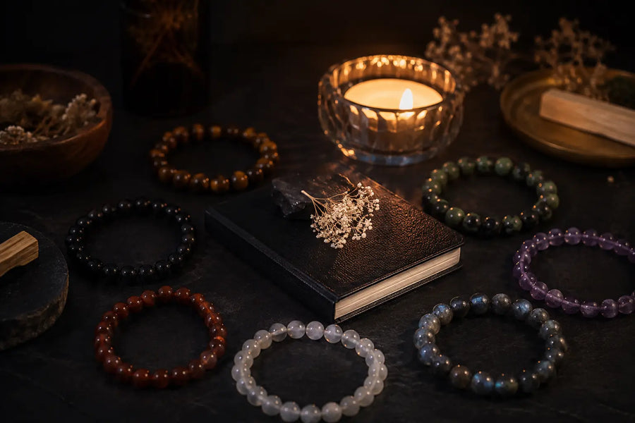 Rituel de nouvelle lune avec bracelets en pierres naturelles, bougie et carnet d'intentions