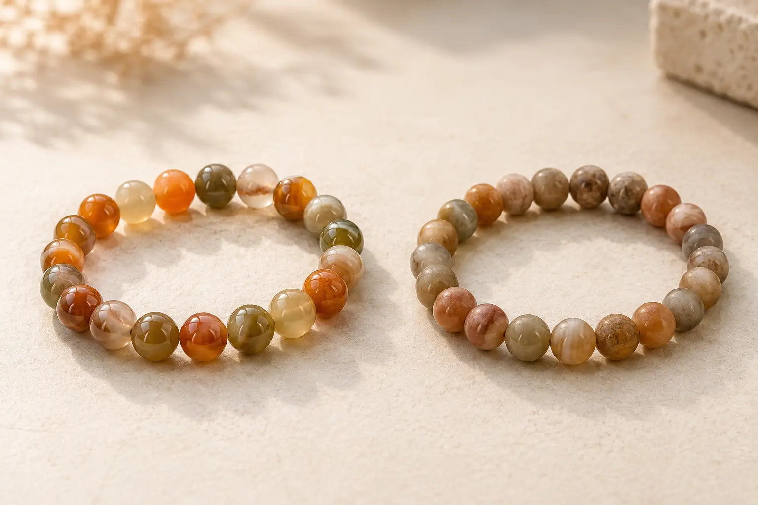 Deux bracelets en pierres naturelles comparés, l'un éclatant l'autre terni, entretien lithothérapie