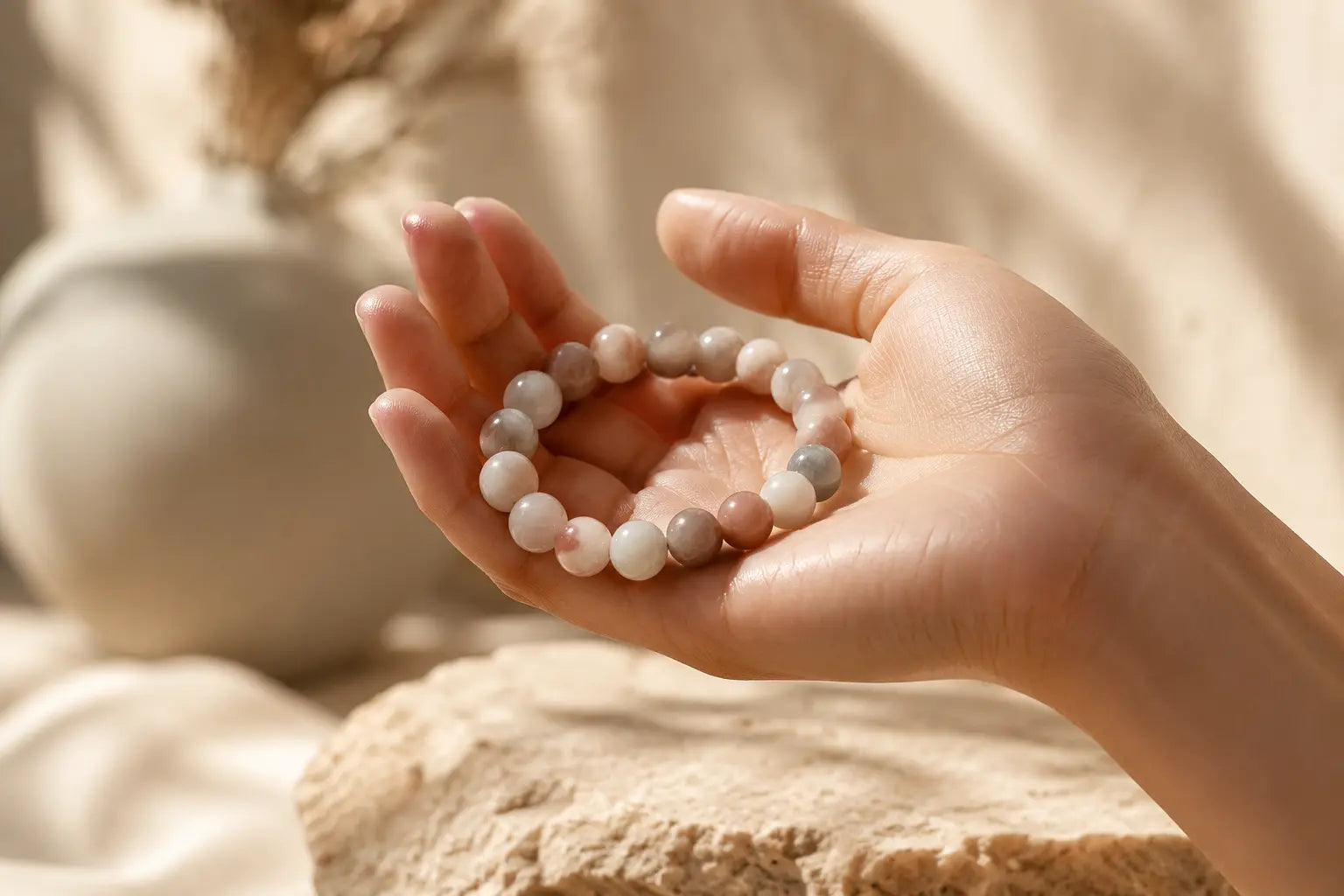 Main tenant un bracelet en pierres naturelles apaisantes pour calmer la colère et l'irritabilité
