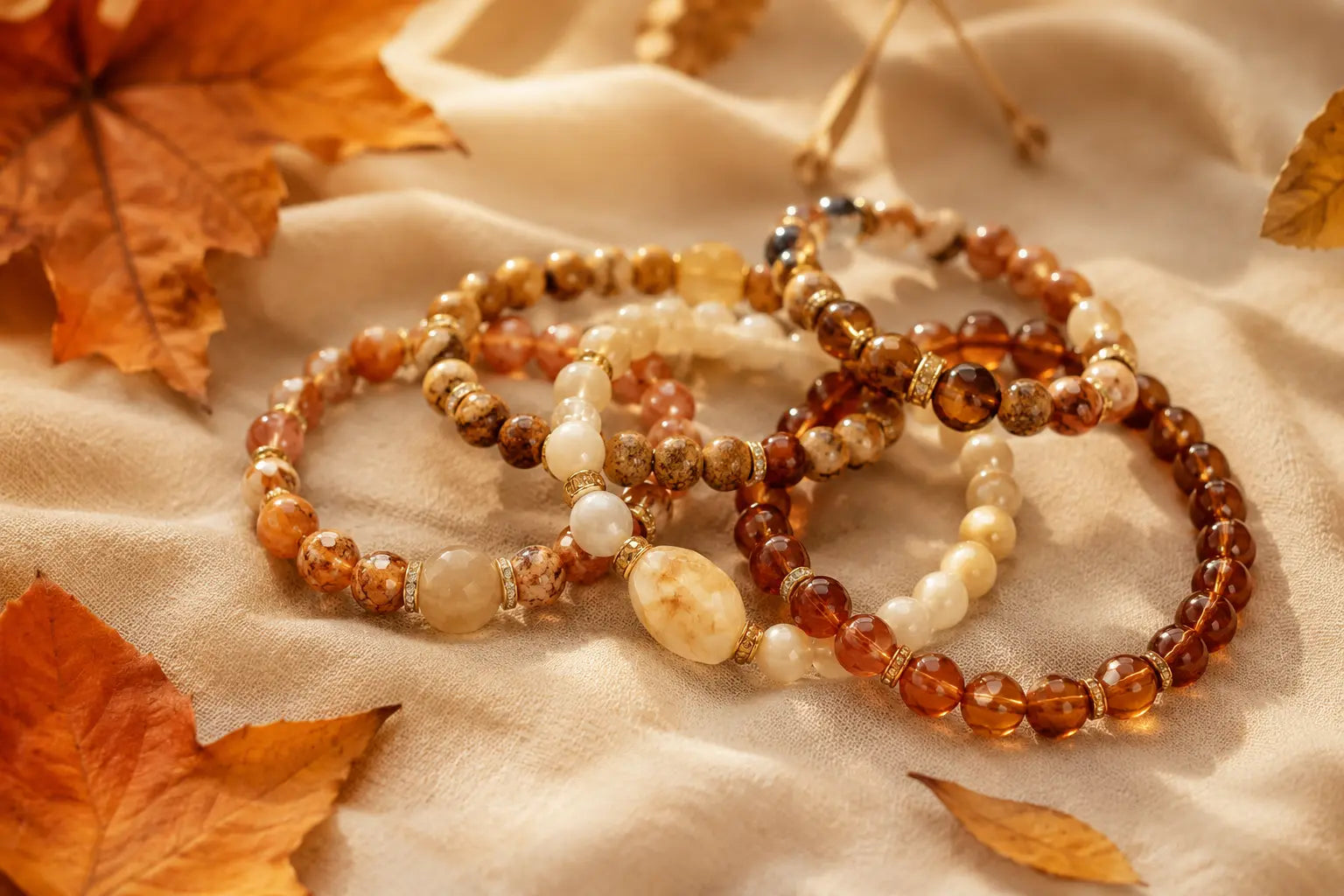 Bracelets en pierres naturelles aux tons chauds et feuilles d'automne, transition de fin d'été
