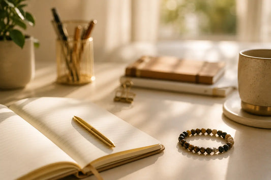 Bracelet en pierres naturelles posé sur un bureau de rentrée, énergie et sérénité