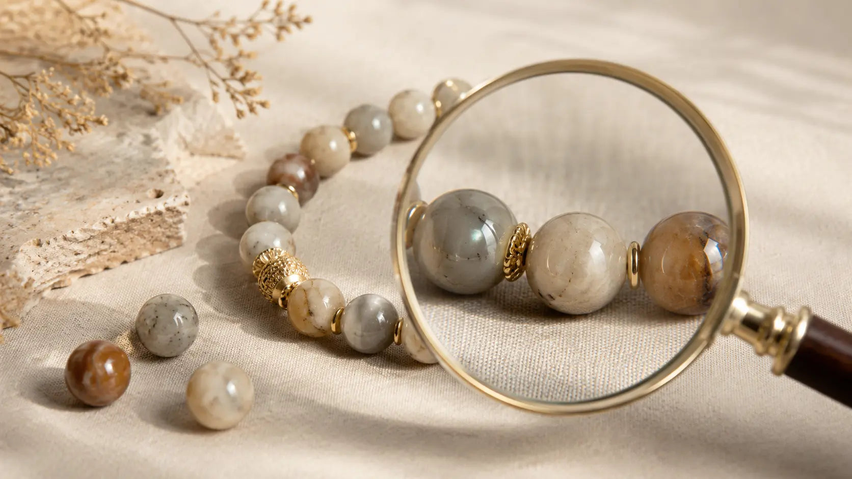 Perles de bracelet en pierre naturelle observées à la loupe pour reconnaître une vraie pierre d’une imitation.