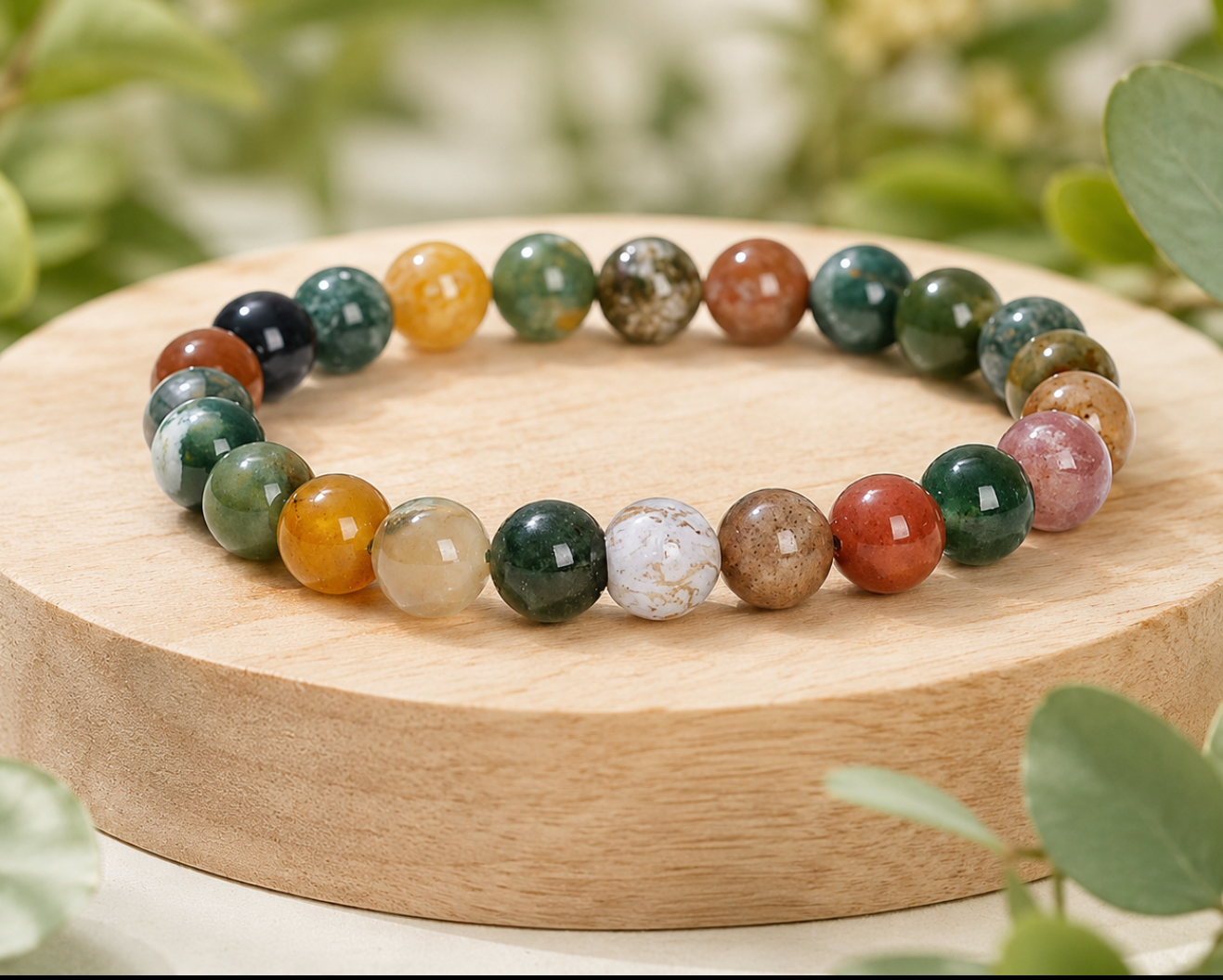 Bracelet en Agate Indienne présenté sur un socle en bois, avec perles multicolores en pierre naturelle dans un décor végétal doux.