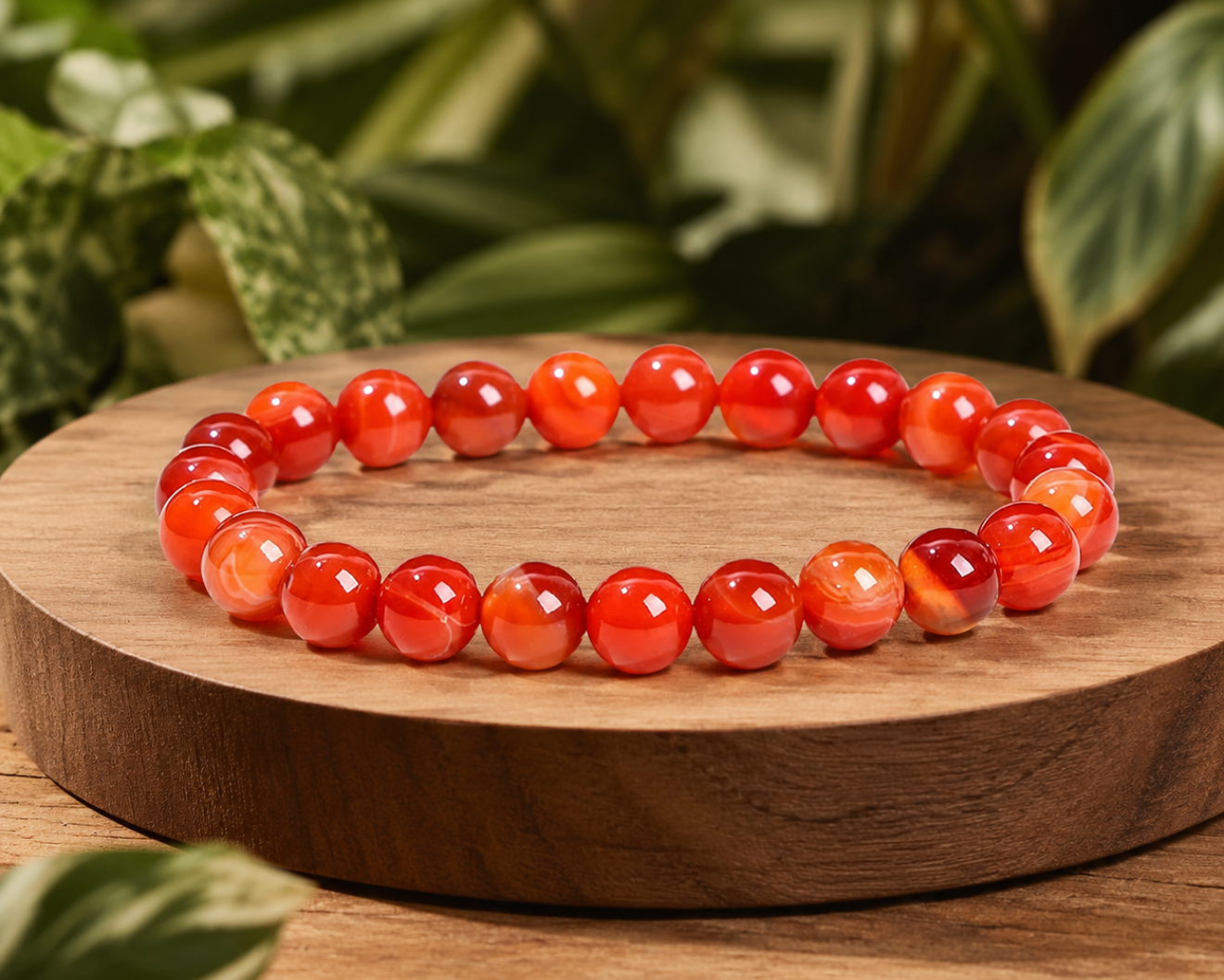 Bracelet en Agate rubanée traitée rouge sur un socle en bois, avec perles brillantes dans un décor végétal.