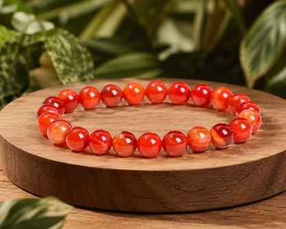 Bracelet en Agate rubanée traitée rouge sur un socle en bois, avec perles brillantes dans un décor végétal.