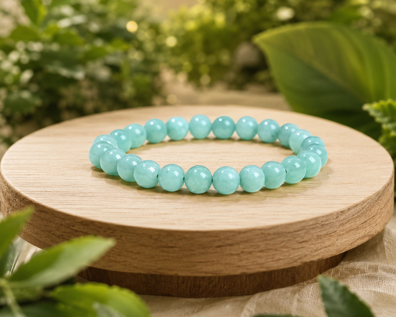 Bracelet en Aventurine verte présenté sur un socle en bois, avec perles vert clair en pierre naturelle dans un décor végétal doux.