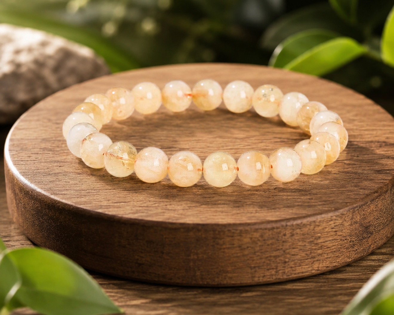 Bracelet en Citrine chauffée issue d’Améthyste naturelle sur un socle en bois dans un décor végétal.