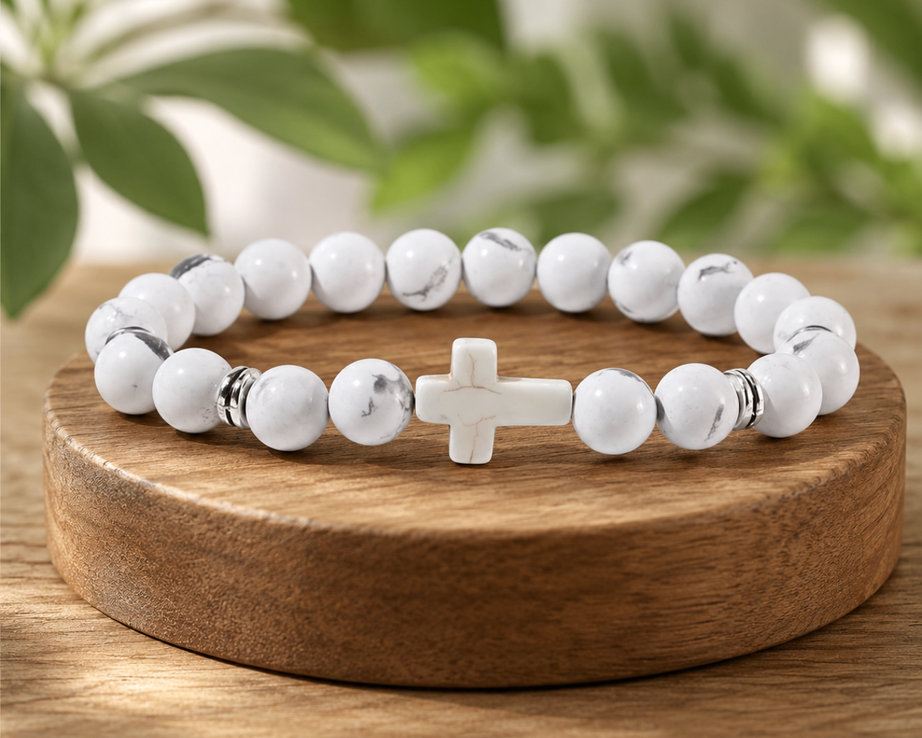 Bracelet en Howlite blanche avec croix blanche présenté sur un socle en bois, avec perles blanches veinées dans un décor végétal.