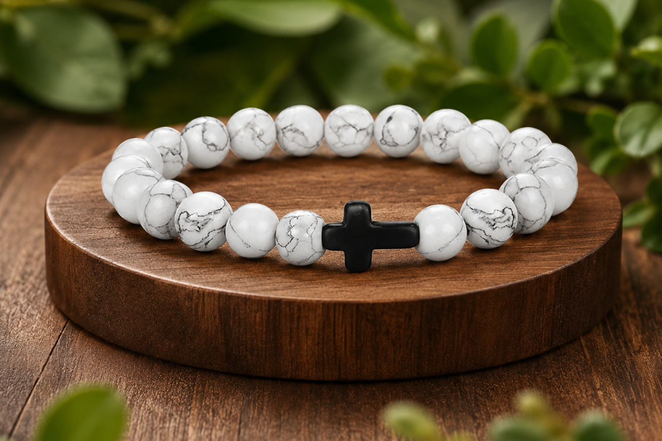 Bracelet en Howlite blanche avec croix noire présenté sur un socle en bois, avec perles blanches veinées dans un décor végétal.