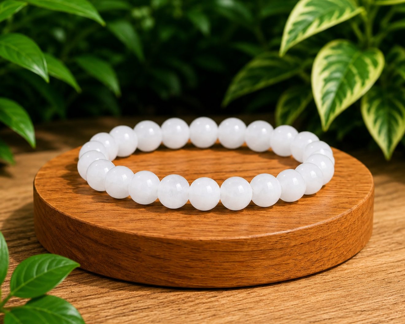 Bracelet en Jade Blanc naturel présenté sur un socle en bois, avec perles blanches lumineuses dans un décor végétal.