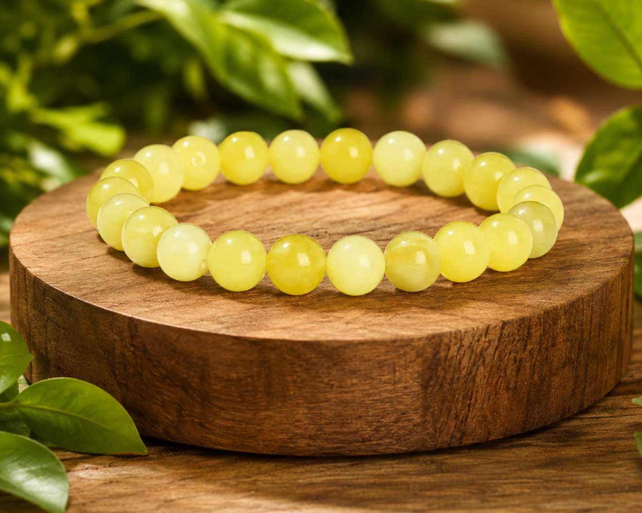 Bracelet en Serpentinite naturelle teintée jaune, appelée Jade Citron, présenté sur un socle en bois.