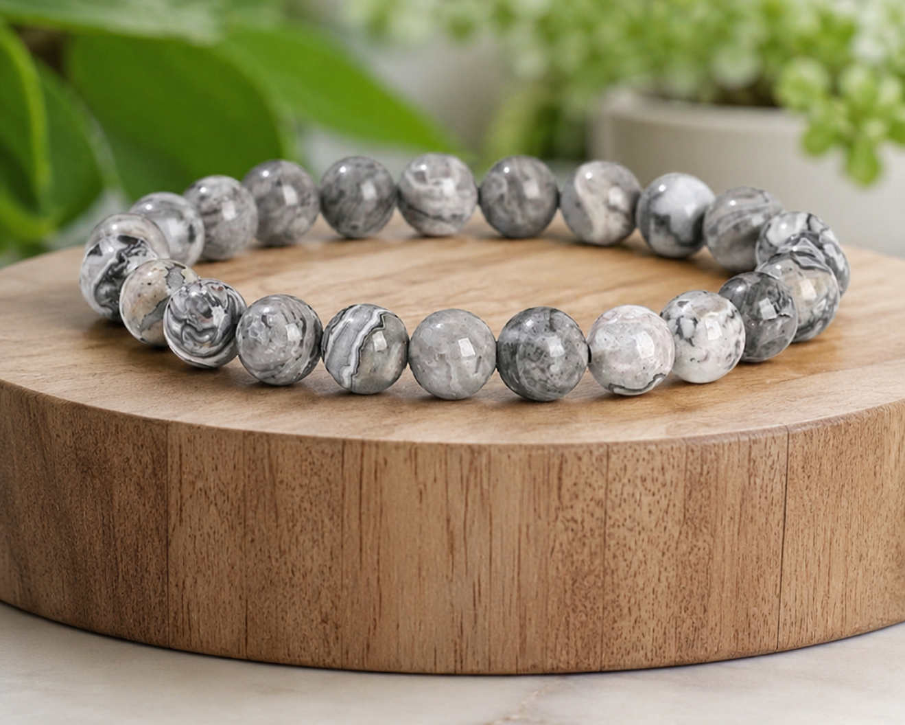 Bracelet en Jaspe Picasso présenté sur un socle en bois, avec perles grises en pierre naturelle aux motifs marbrés et plantes vertes en arrière-plan.