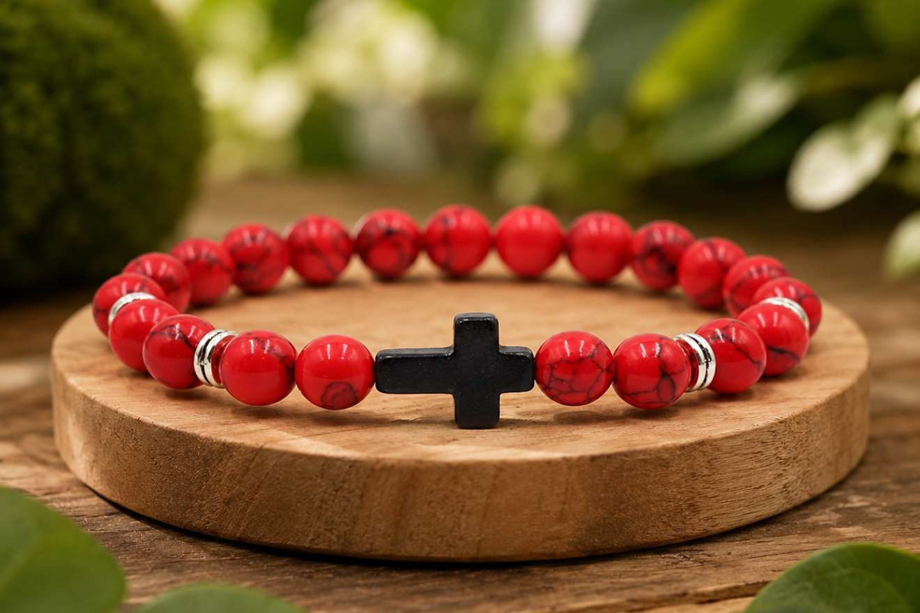 Bracelet en Magnésite naturelle teintée rouge présenté sur un socle en bois dans un décor végétal.