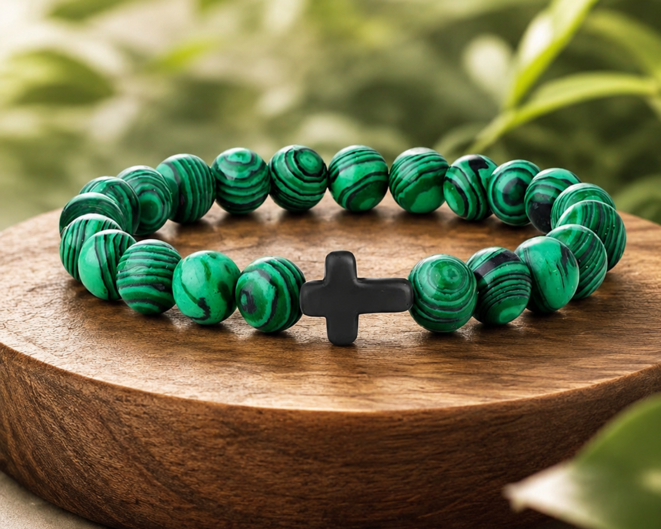 Bracelet en Malachite avec croix noire, perles vertes en pierre naturelle aux veines marbrées, présenté sur un socle en bois avec décor végétal.
