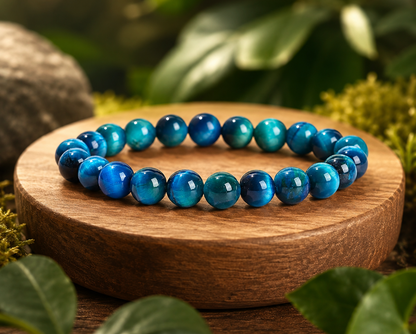 Bracelet en Œil de Faucon présenté sur un socle en bois, avec perles bleues aux reflets chatoyants dans un décor végétal.