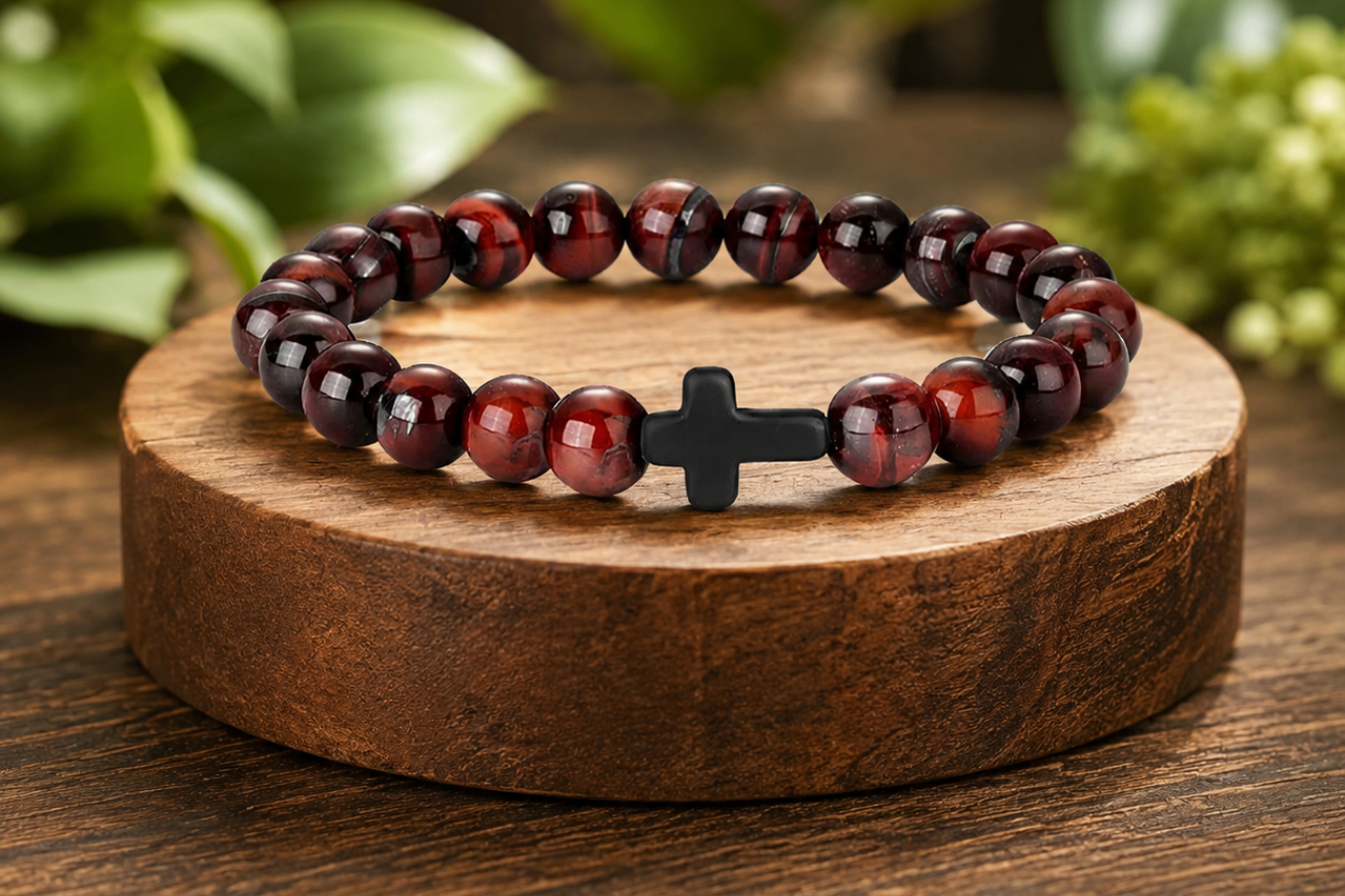 Bracelet en Œil de Taureau avec croix noire présenté sur un socle en bois, avec perles brunes et rouges dans un décor végétal.