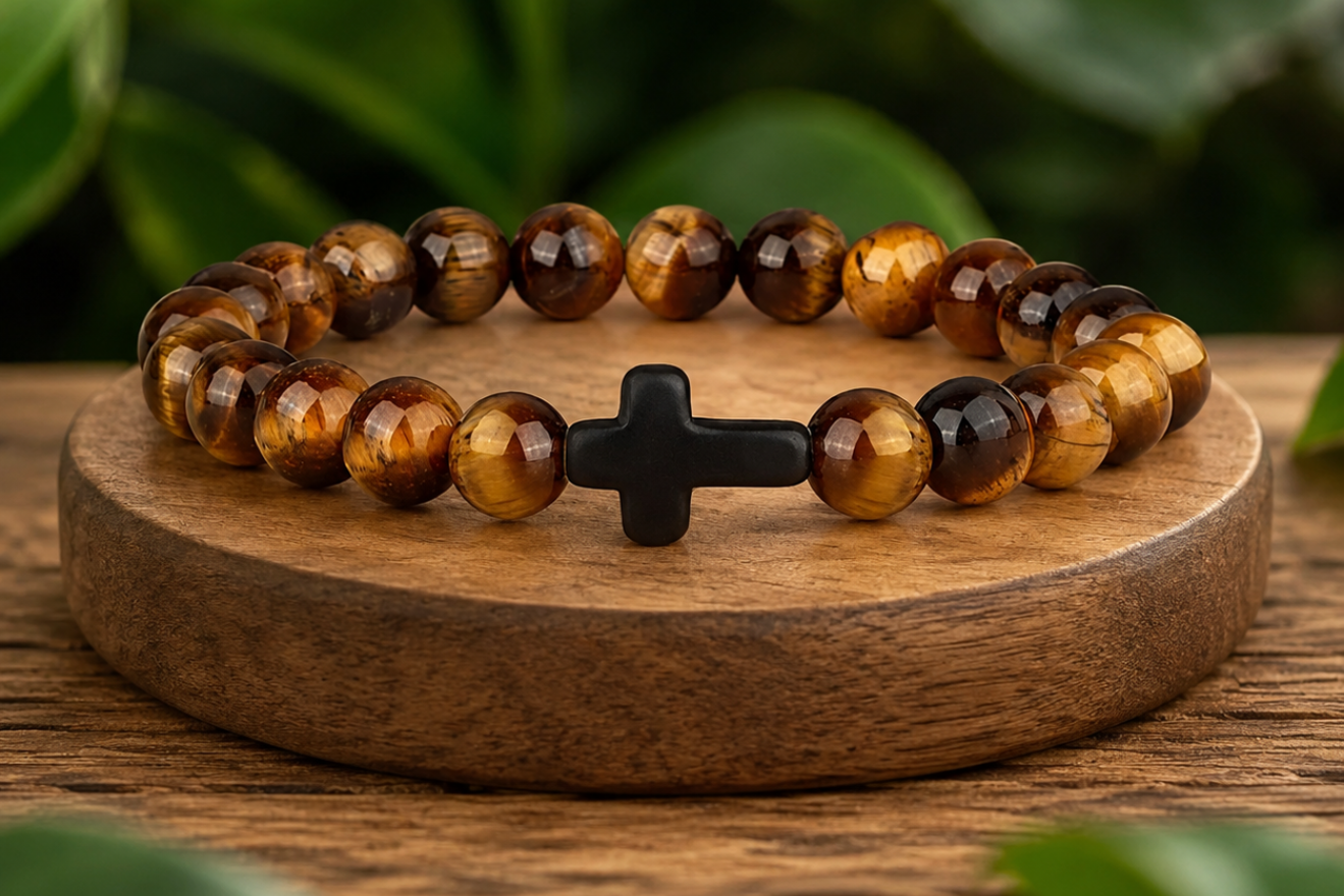 Bracelet en Œil de Tigre avec croix noire présenté sur un socle en bois, avec perles brunes et dorées dans un décor végétal.