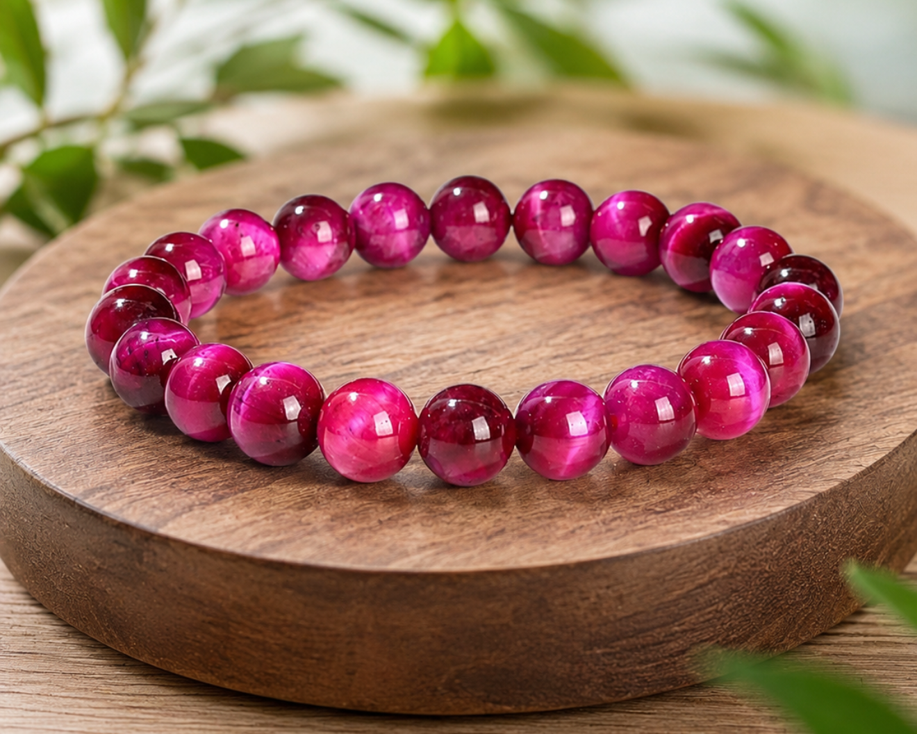 Bracelet en Œil de Tigre traité fuchsia présenté sur un socle en bois dans un décor végétal.