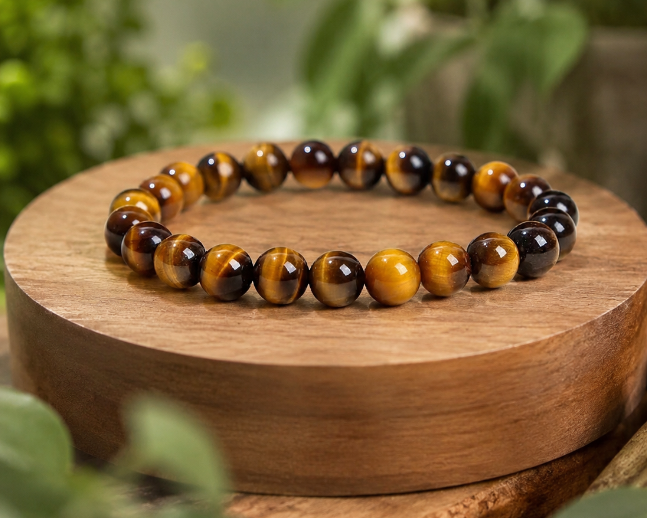 Bracelet en Œil de Tigre naturel présenté sur un socle en bois, perles aux reflets dorés et bruns dans un décor végétal premium.