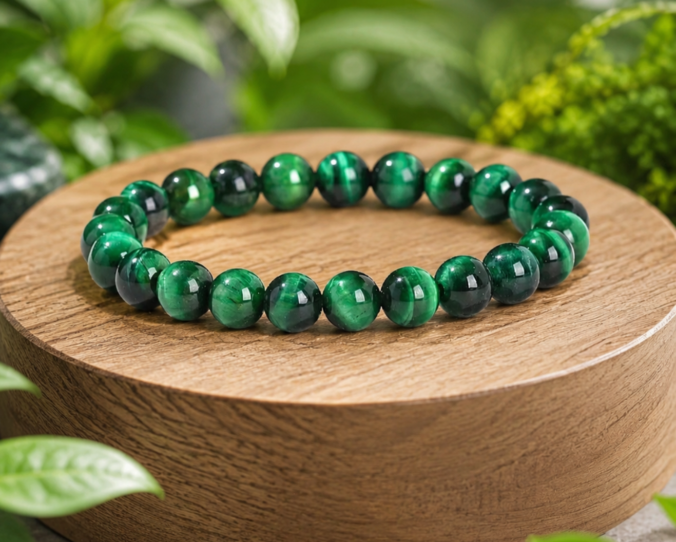 Bracelet en Œil de Tigre traité vert présenté sur un socle en bois dans un décor végétal.