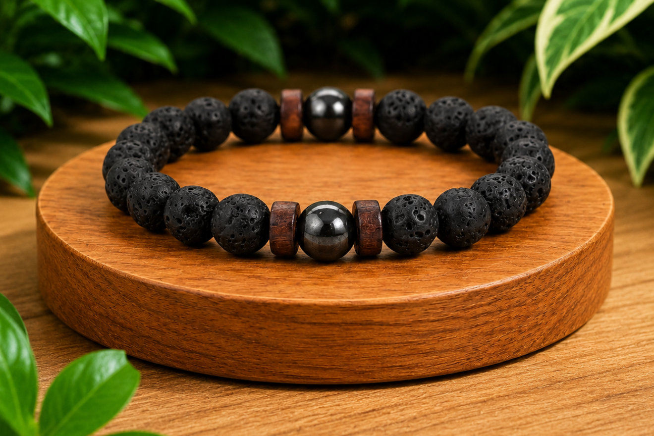 Bracelet homme en Pierre de Lave et bois présenté sur un socle en bois, avec perles noires texturées et perles bois dans un décor végétal.