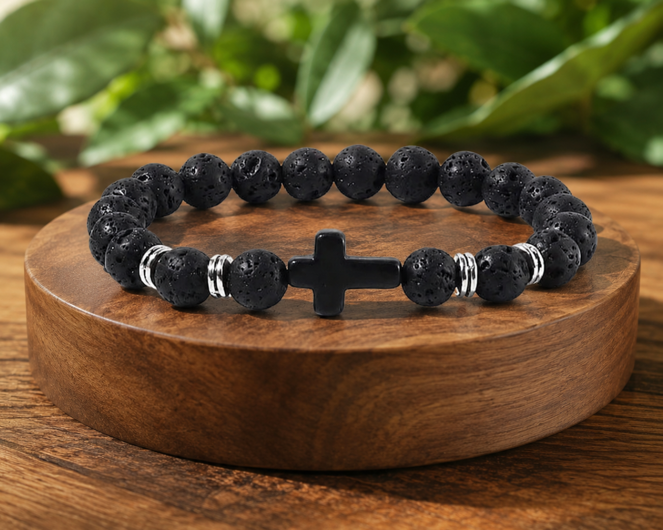 Bracelet en Pierre de Lave avec croix noire et perles métal présenté sur un socle en bois, avec perles noires texturées dans un décor végétal.