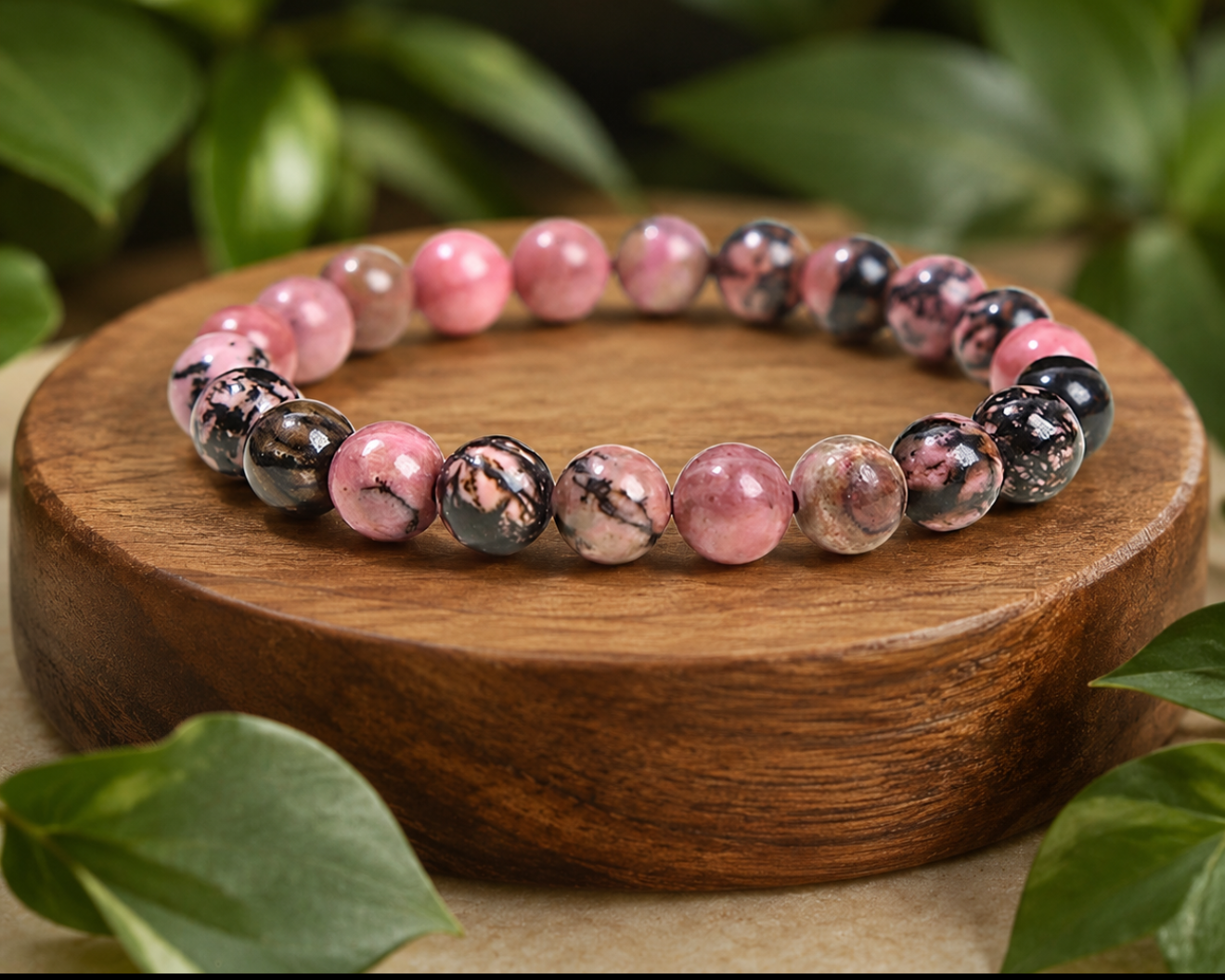 Bracelet en Rhodonite présenté sur un socle en bois, avec perles roses et noires en pierre naturelle dans un décor végétal.