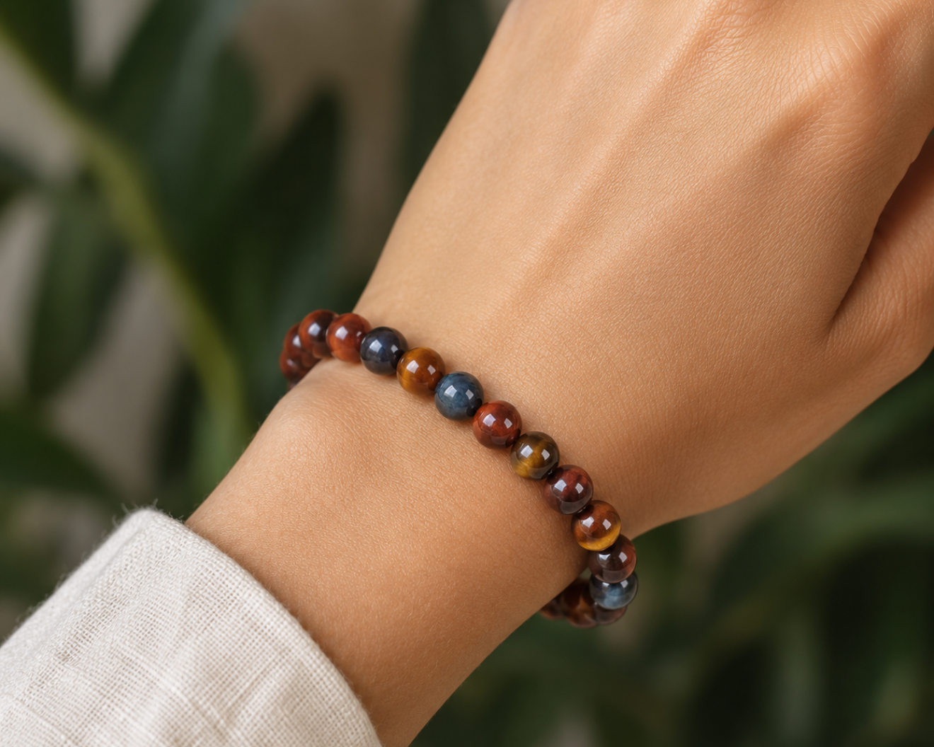 Bracelet triple protection porté au poignet, avec perles en Œil de Tigre, Œil de Taureau et Œil de Faucon devant un décor végétal.