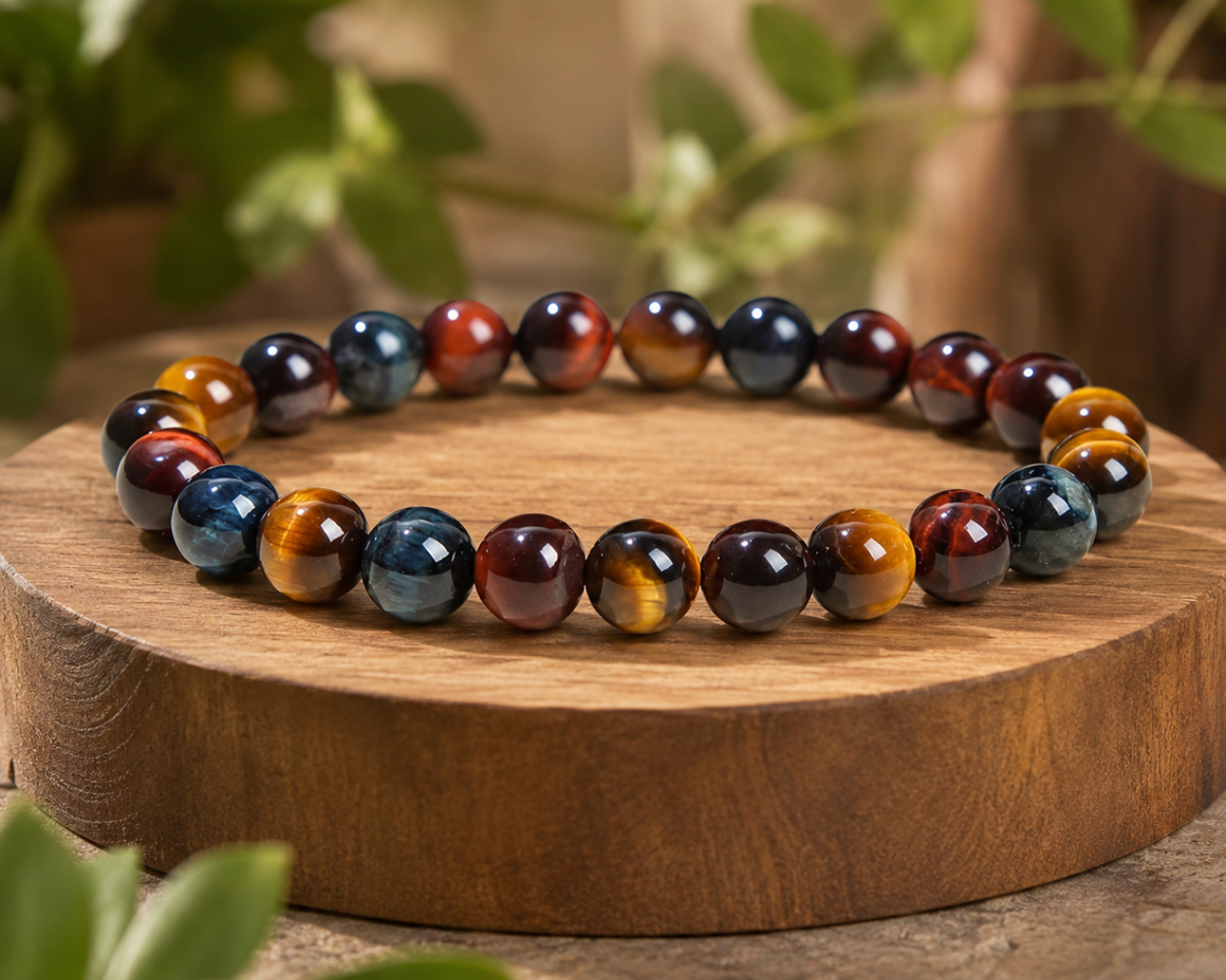 Bracelet triple protection présenté sur un socle en bois, avec perles en Œil de Tigre, Œil de Taureau et Œil de Faucon dans un décor végétal.