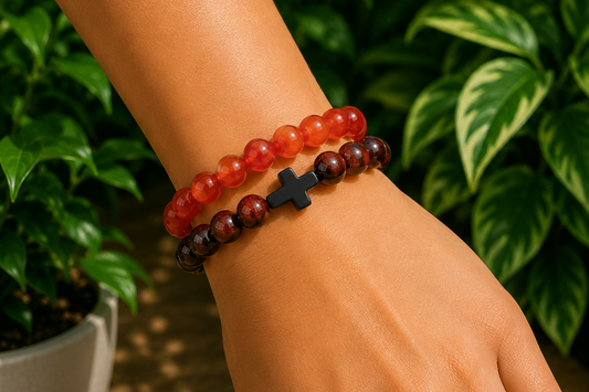 Bracelets Œil de Taureau et Agate rubanée traitée rouge portés ensemble au poignet.