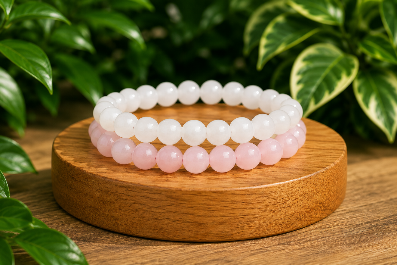 Bracelets Quartz Rose et Jade Blanc présentés sur un socle en bois, avec perles rose pâle et perles blanches lumineuses dans un décor végétal.