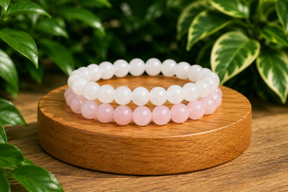 Bracelets Quartz Rose et Jade Blanc présentés sur un socle en bois, avec perles rose pâle et perles blanches lumineuses dans un décor végétal.