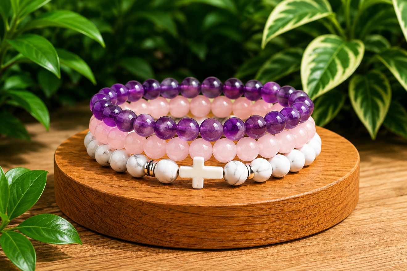 Coffret cadeau avec bracelets Améthyste, Howlite et Quartz Rose présentés dans un écrin, avec perles violettes, blanches et rose pâle.