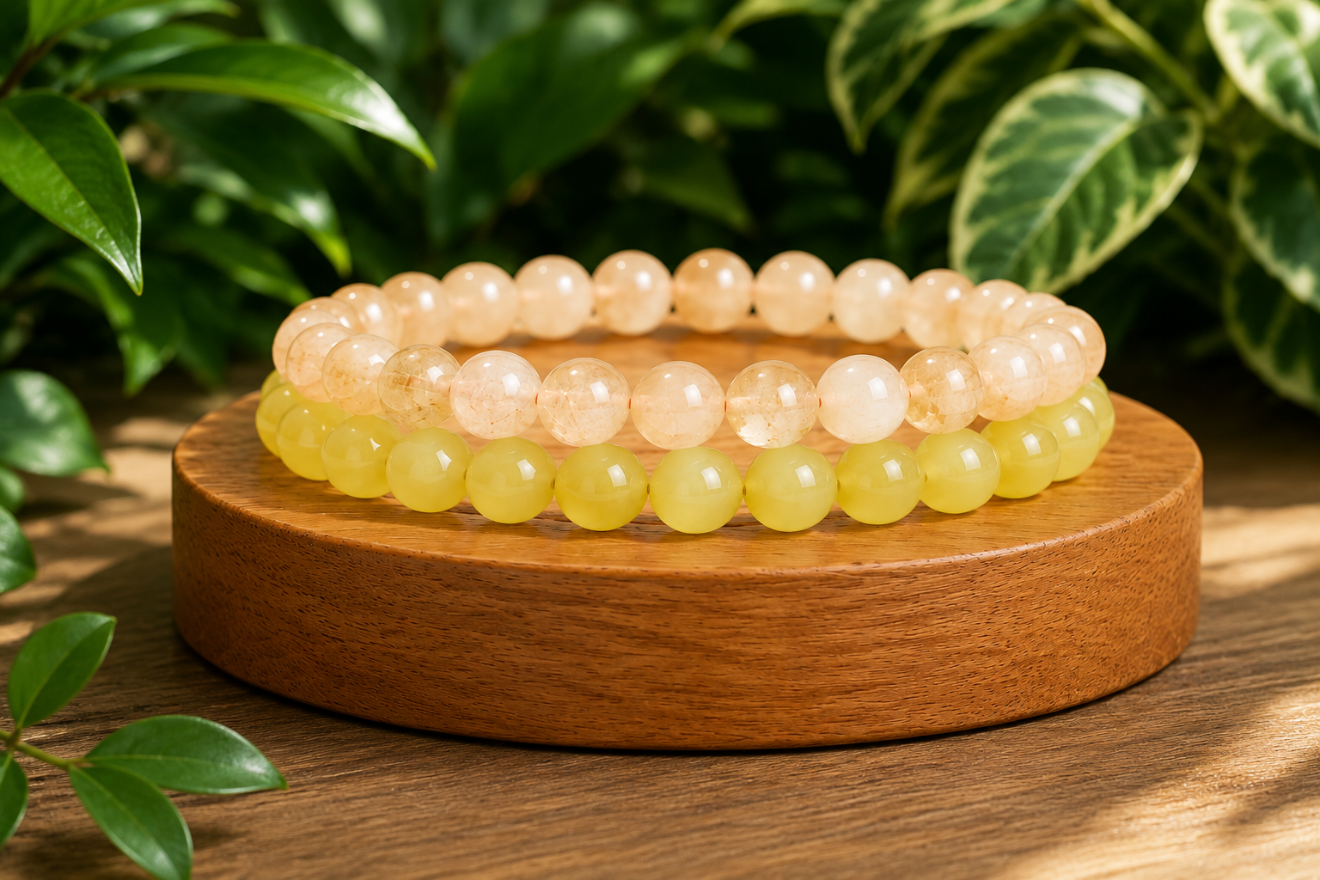 Coffret cadeau Citrine chauffée et Jade Citron teinté, avec deux bracelets dans leurs écrins.