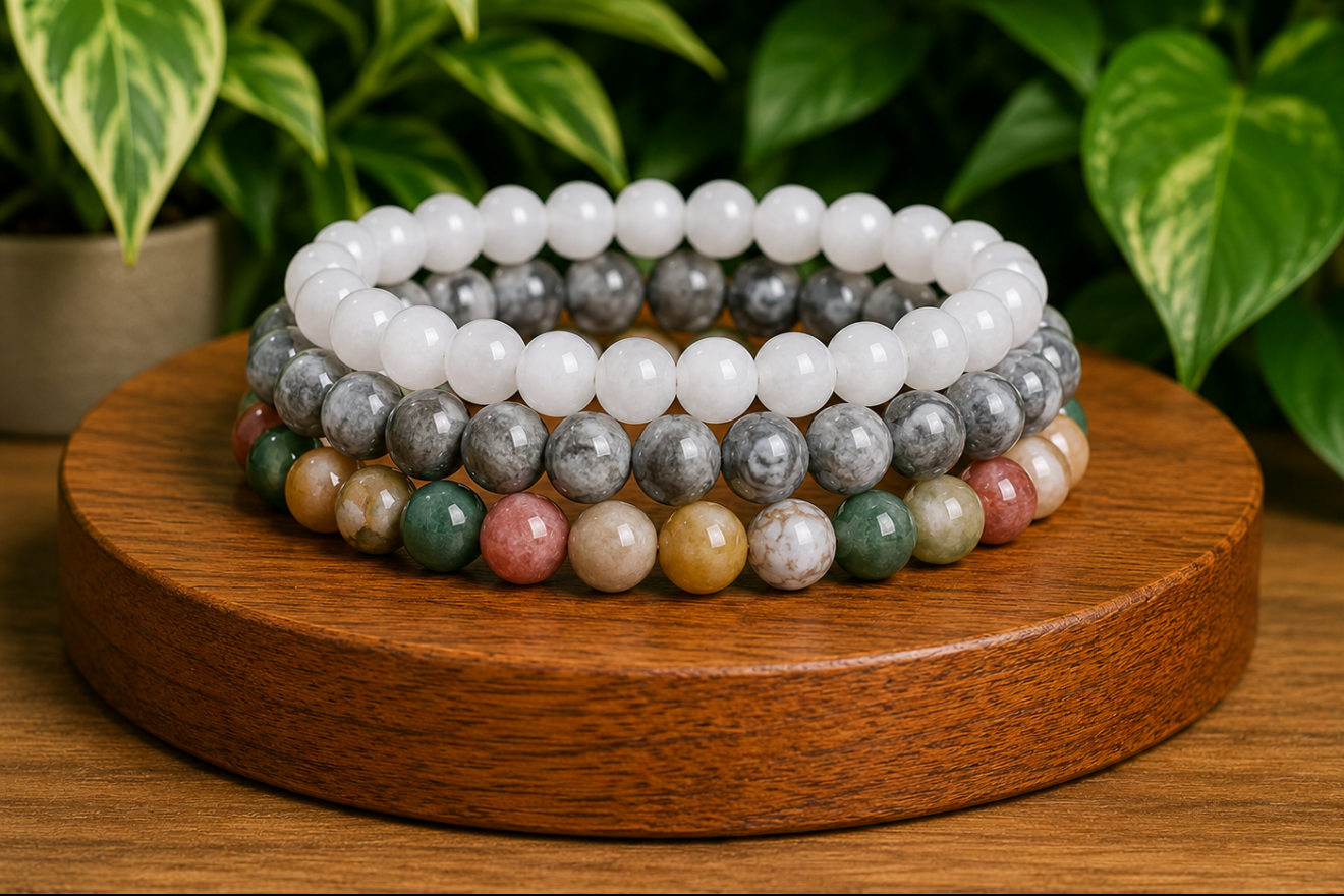 Coffret cadeau avec bracelets Jade, Agate Indienne et Jaspe Picasso présentés dans un écrin, avec perles blanches, multicolores et grises