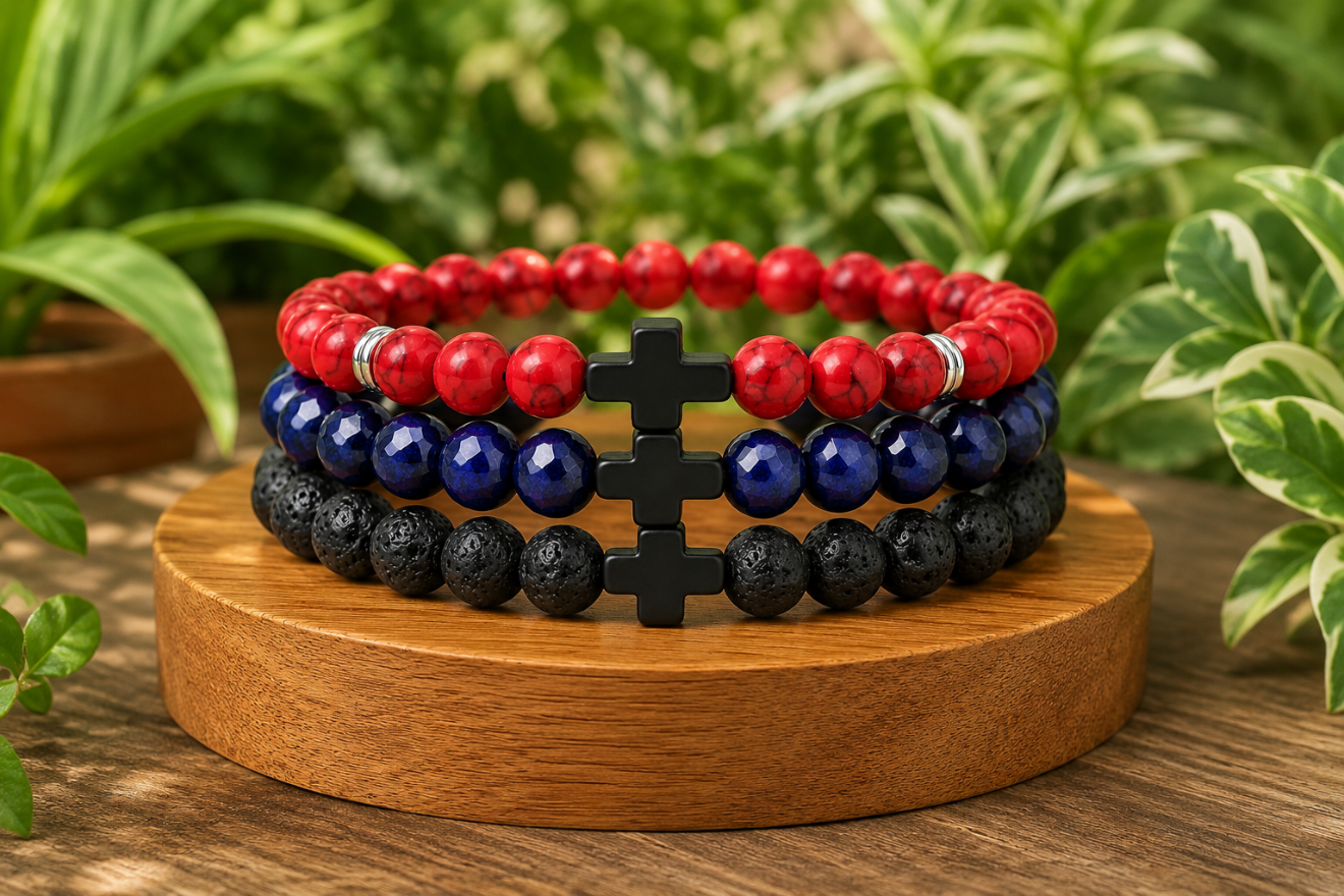 Coffret cadeau Magnésite teintée rouge, Sodalite naturelle et Pierre de Lave, avec trois bracelets.
