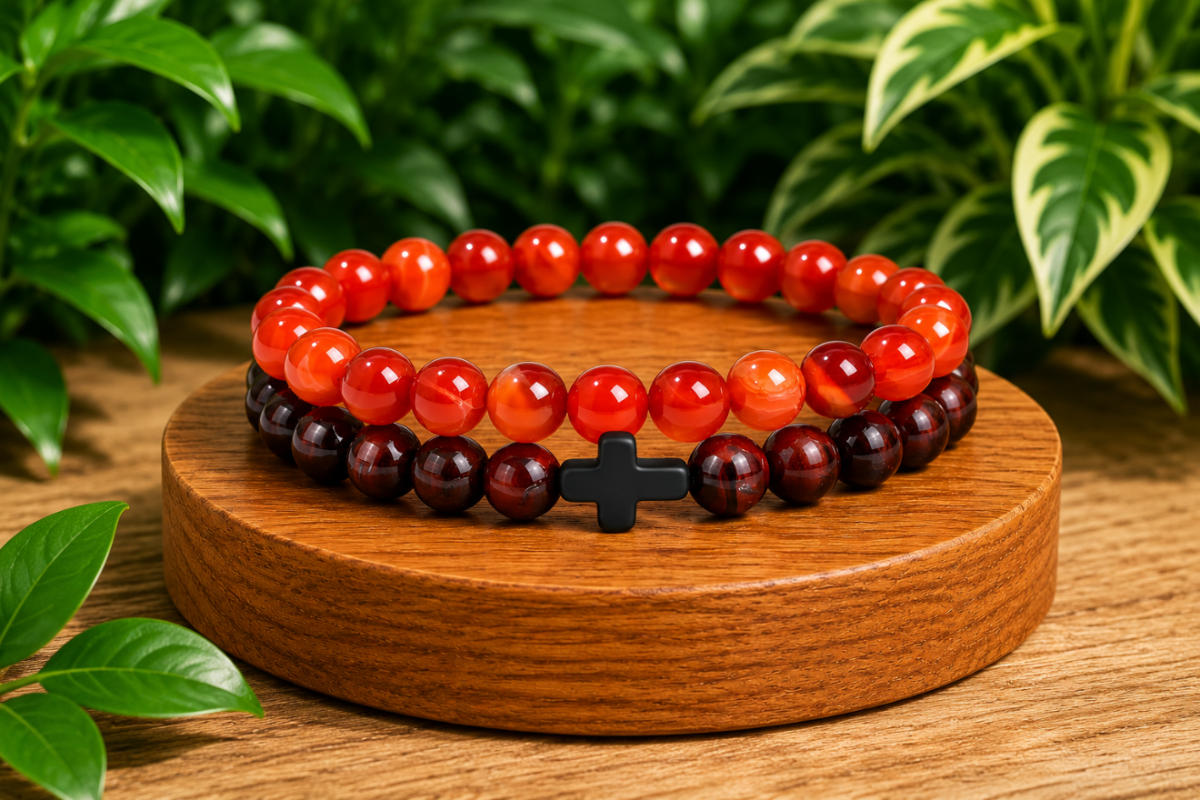 Coffret cadeau Œil de Taureau et Agate rubanée traitée rouge, avec deux bracelets dans leurs écrins.