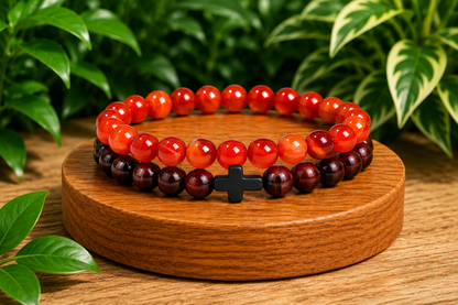 Coffret cadeau Œil de Taureau et Agate rubanée traitée rouge, avec deux bracelets dans leurs écrins.