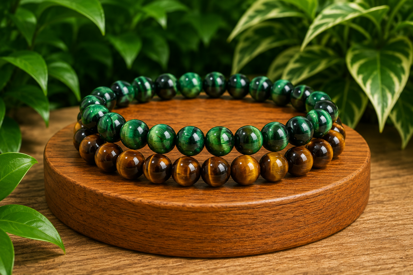 Coffret cadeau avec bracelets Œil de Tigre et Malachite présentés dans un écrin, avec perles brunes dorées et perles vertes marbrées.