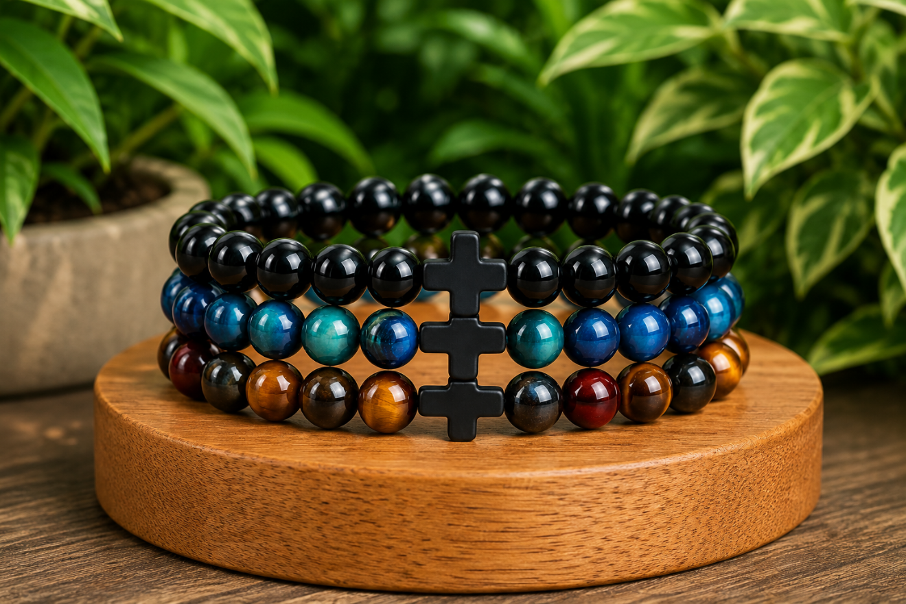 Coffret cadeau avec bracelets Onyx noir, Œil de Faucon et triple protection présentés dans un écrin, avec perles noires, bleues et brun doré.
