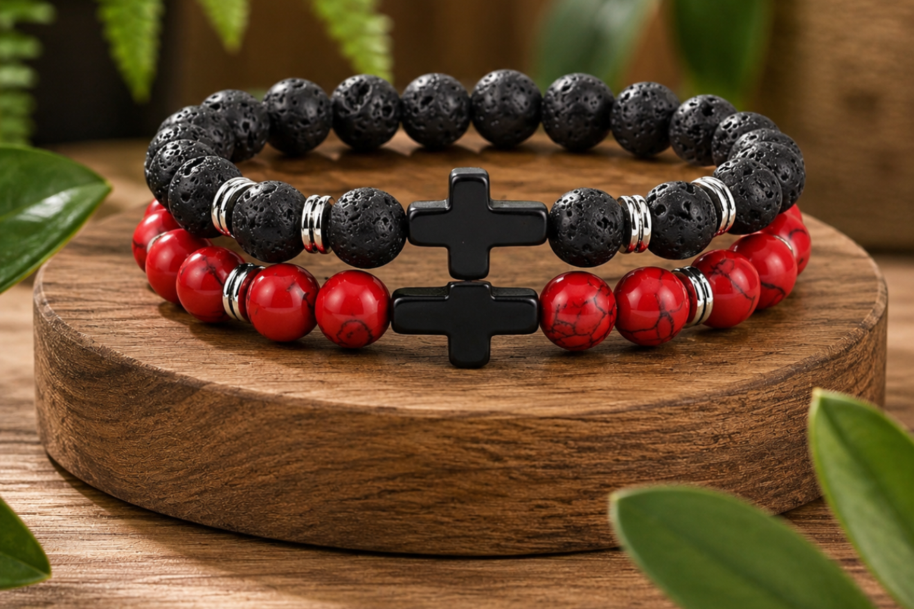 Coffret cadeau Pierre de Lave et Magnésite naturelle teintée rouge, avec deux bracelets dans leurs écrins.