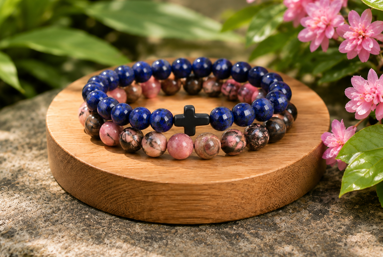 Coffret cadeau avec bracelets Rhodonite et Sodalite bleue présentés dans un écrin, avec perles roses marbrées et perles bleues.