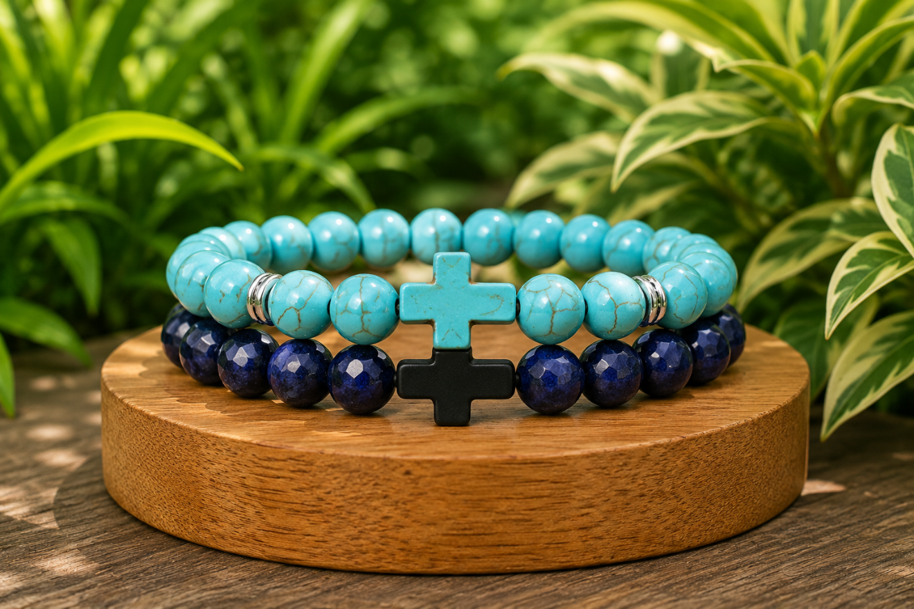 Coffret cadeau Sodalite naturelle et Turquenite teintée azur, avec deux bracelets dans leurs écrins.